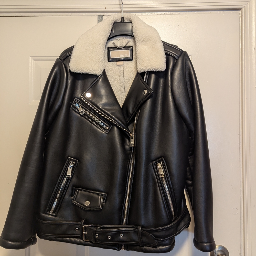 MICHAEL Michael Kors Black Leather Jacket with White Collar